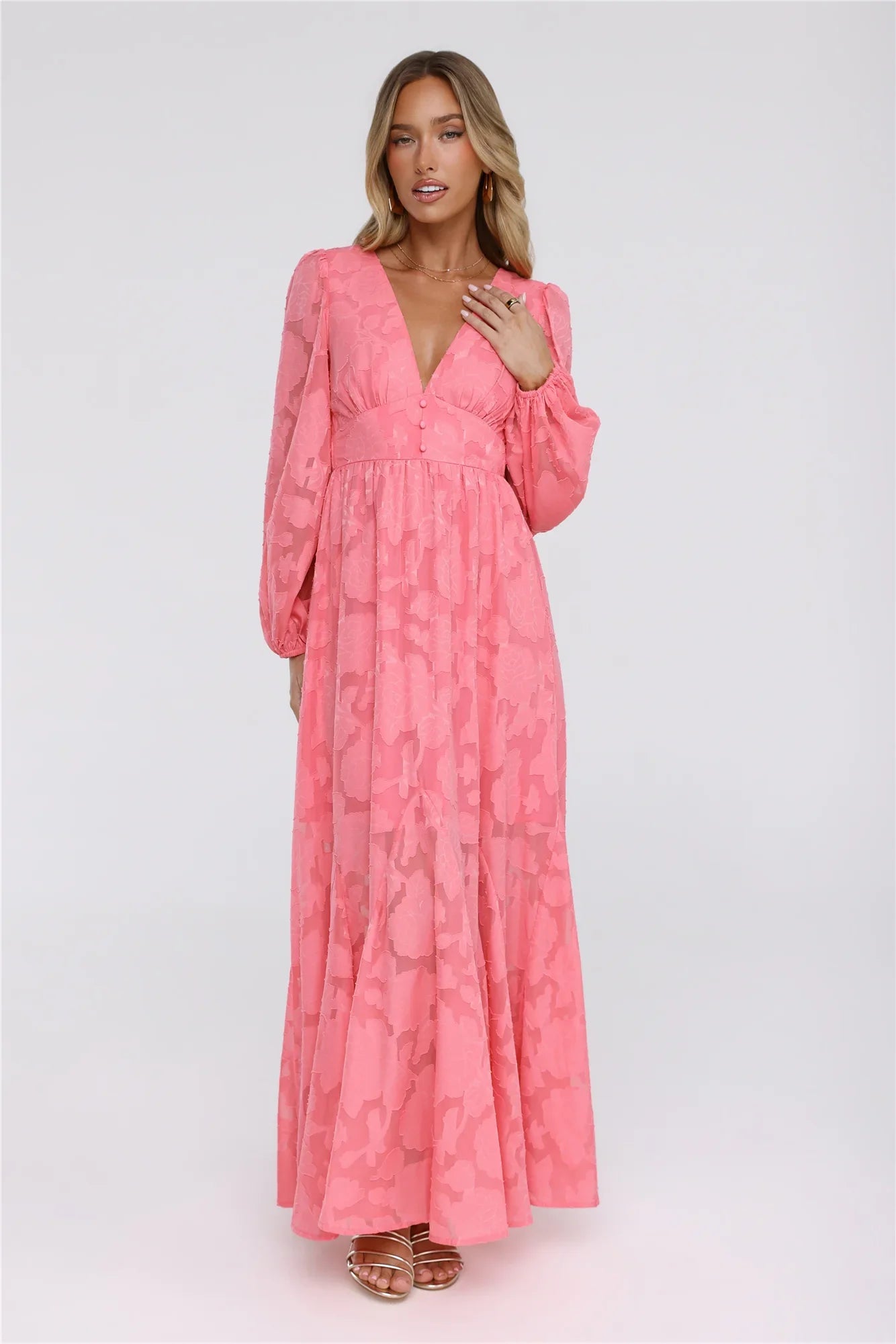 Glow Blossom Long Sleeve Maxi Dress Coral