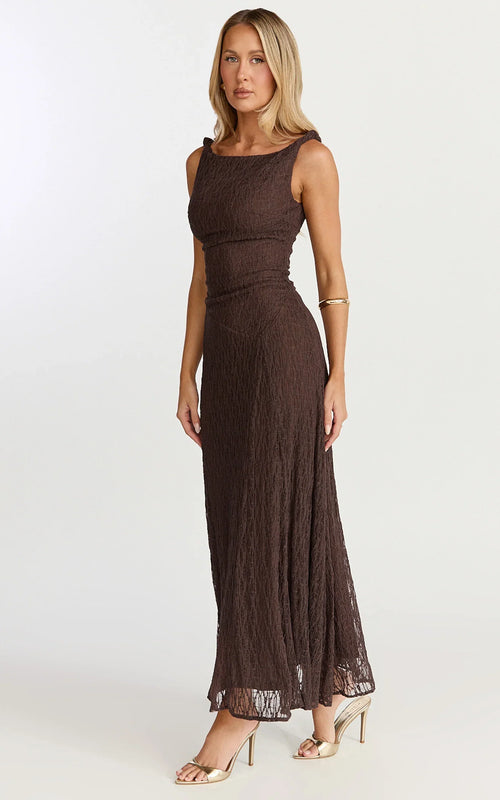 Abby Midi Dress - High Neck Asym Detail Dress in Chocolate