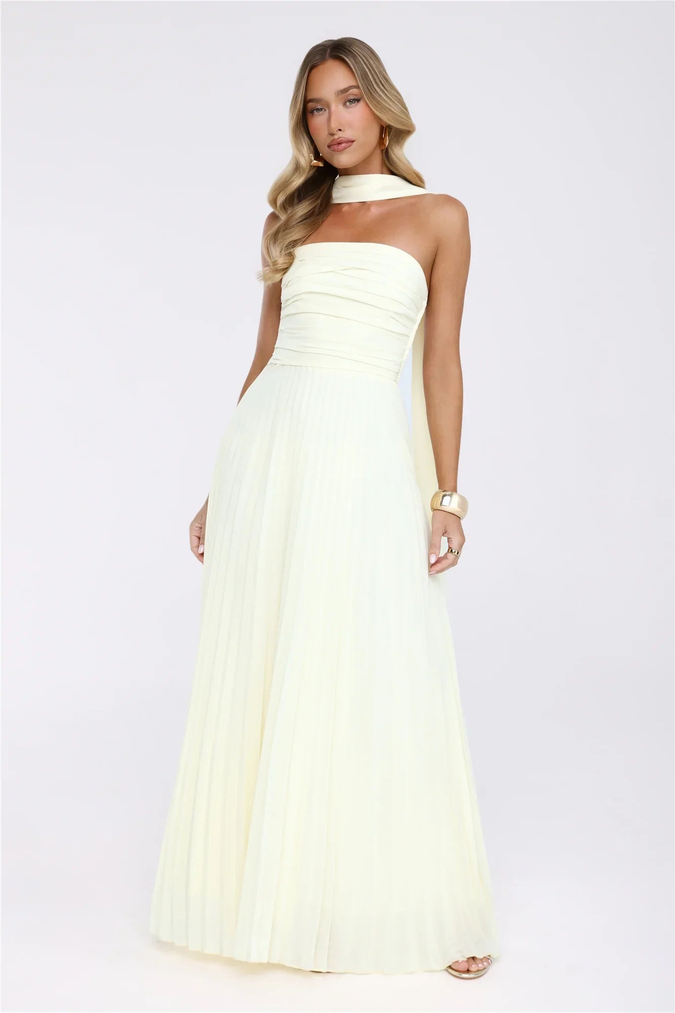 Sugar Babe Strapless Pleated Maxi Dress Yellow