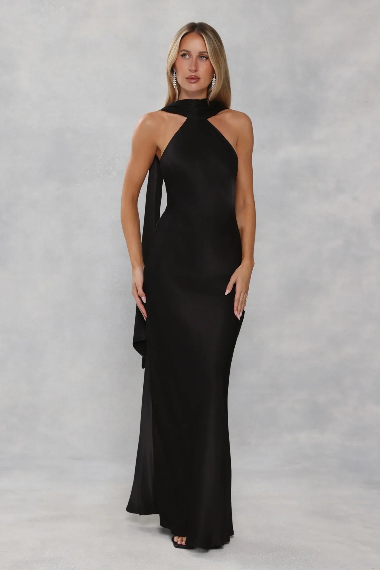 The Vivia Halter Satin Maxi Dress Black