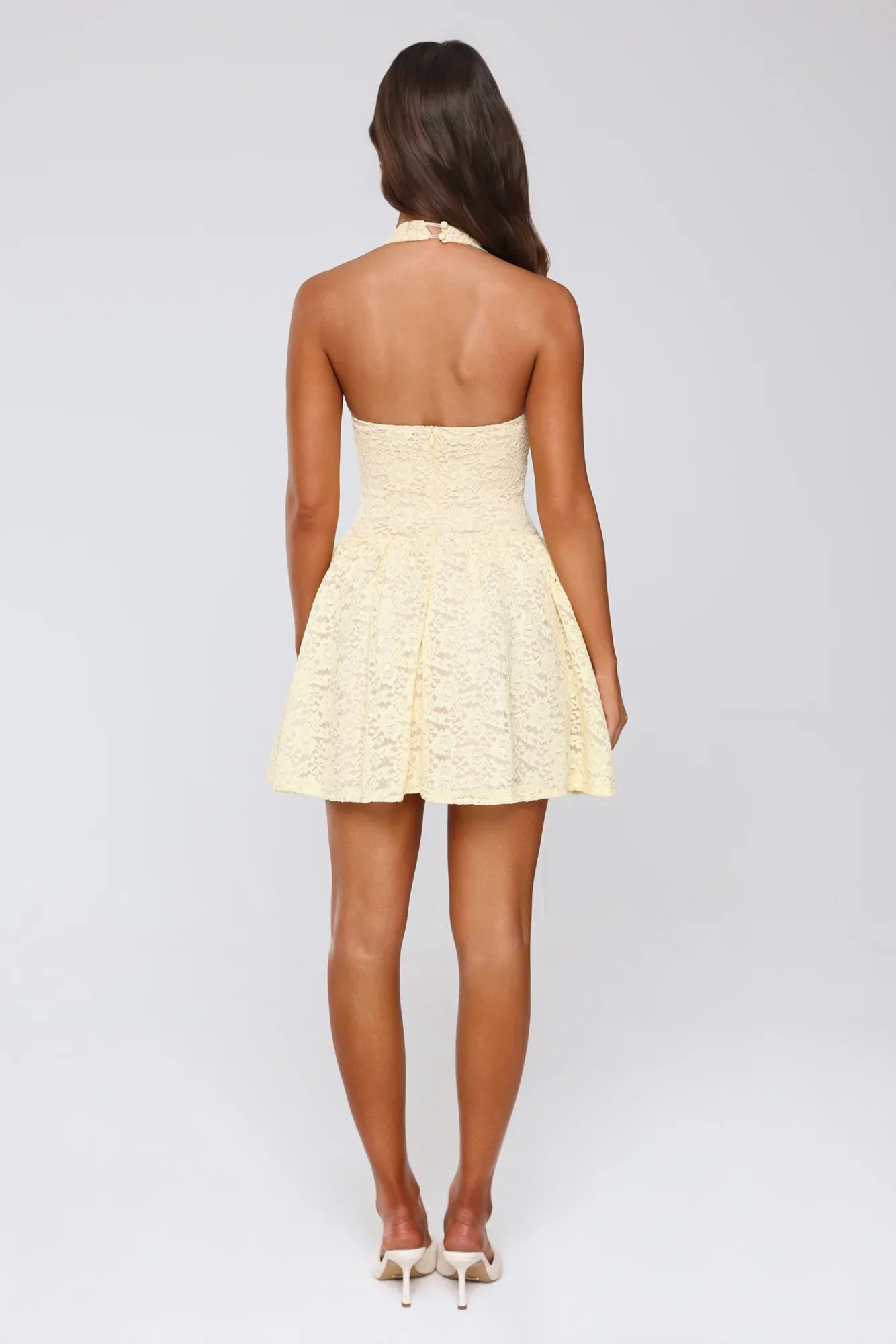 Delicate Daydream Halter Lace Mini Dress Yellow