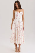 white stretch cotton rose print midi sundress