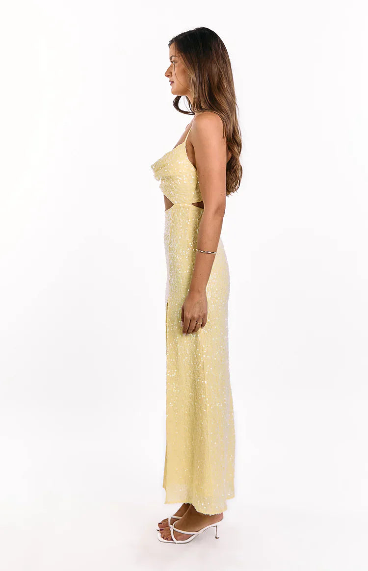 Fallon Yellow Sequin Cut Out Formal Maxi Dress