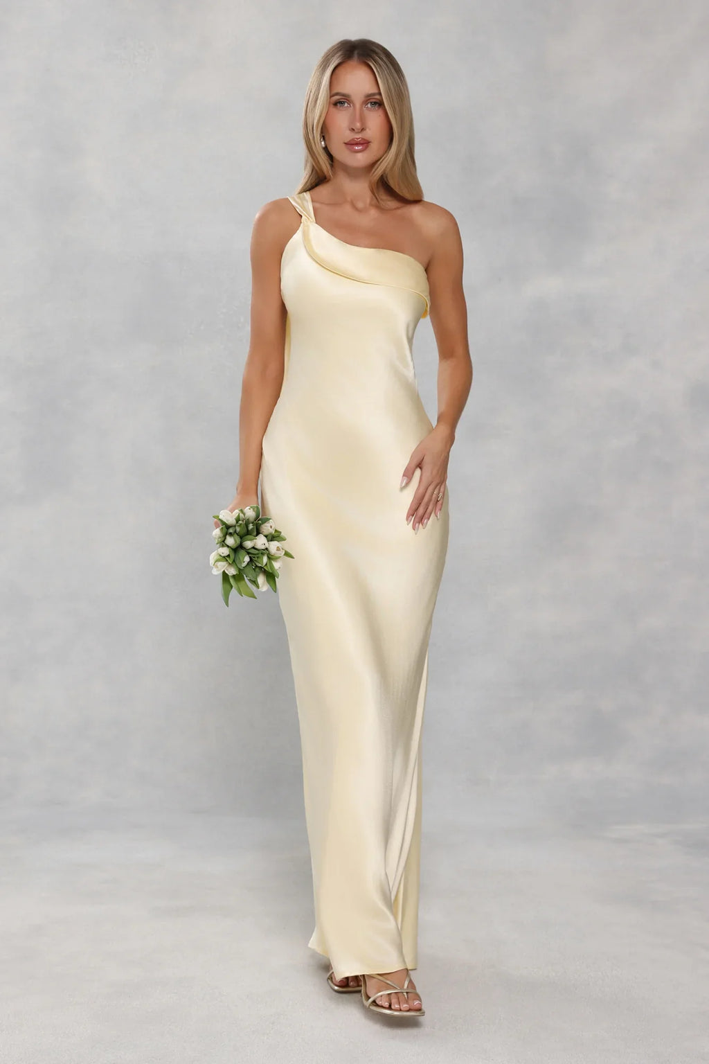The Zafira One Shoulder Satin Maxi Dress Yellow