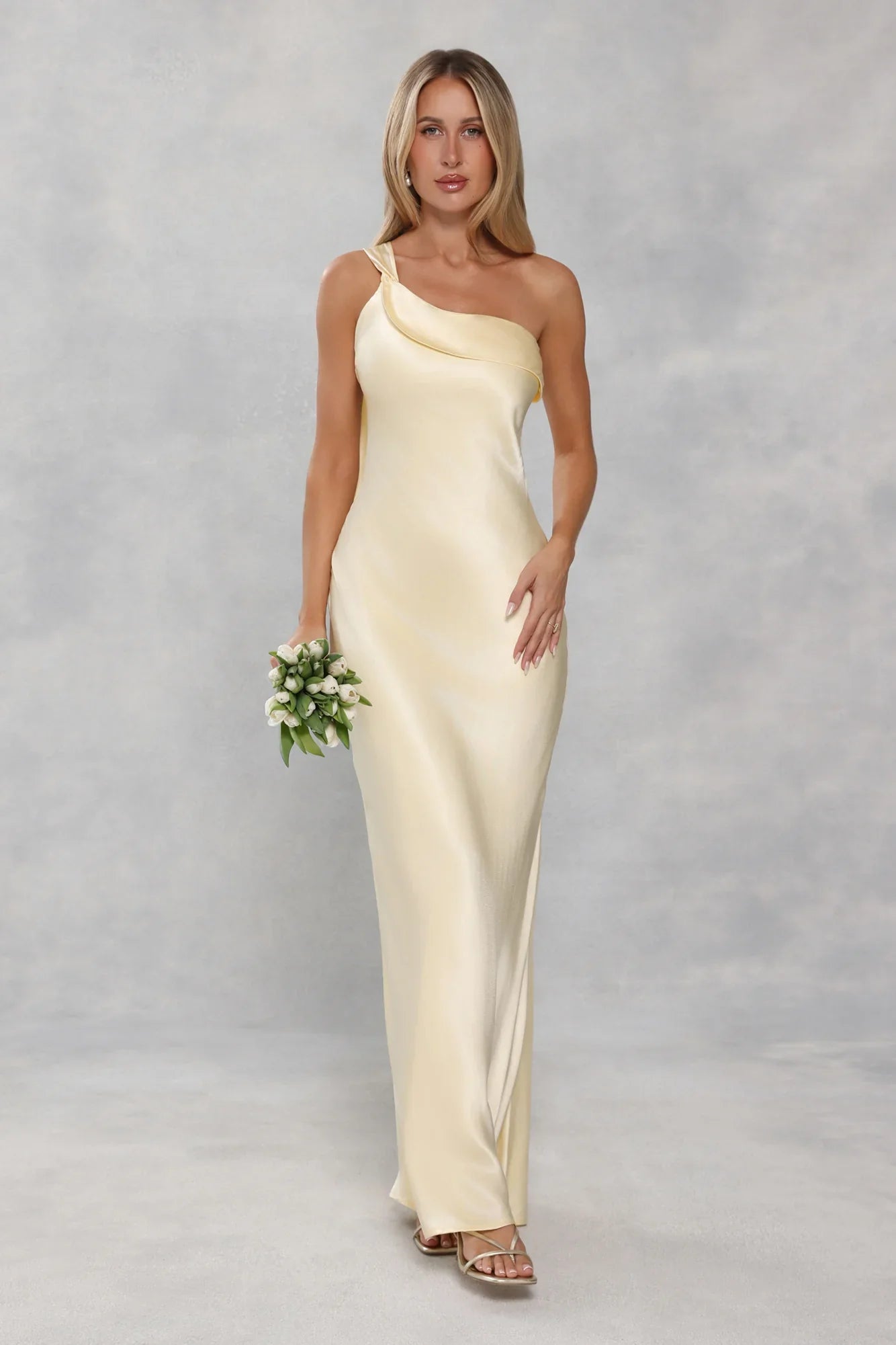 The Zafira One Shoulder Satin Maxi Dress Yellow