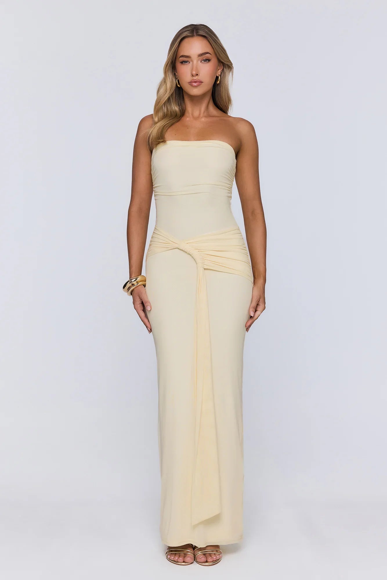 Gentle Statement Mesh Strapless Maxi Dress Yellow