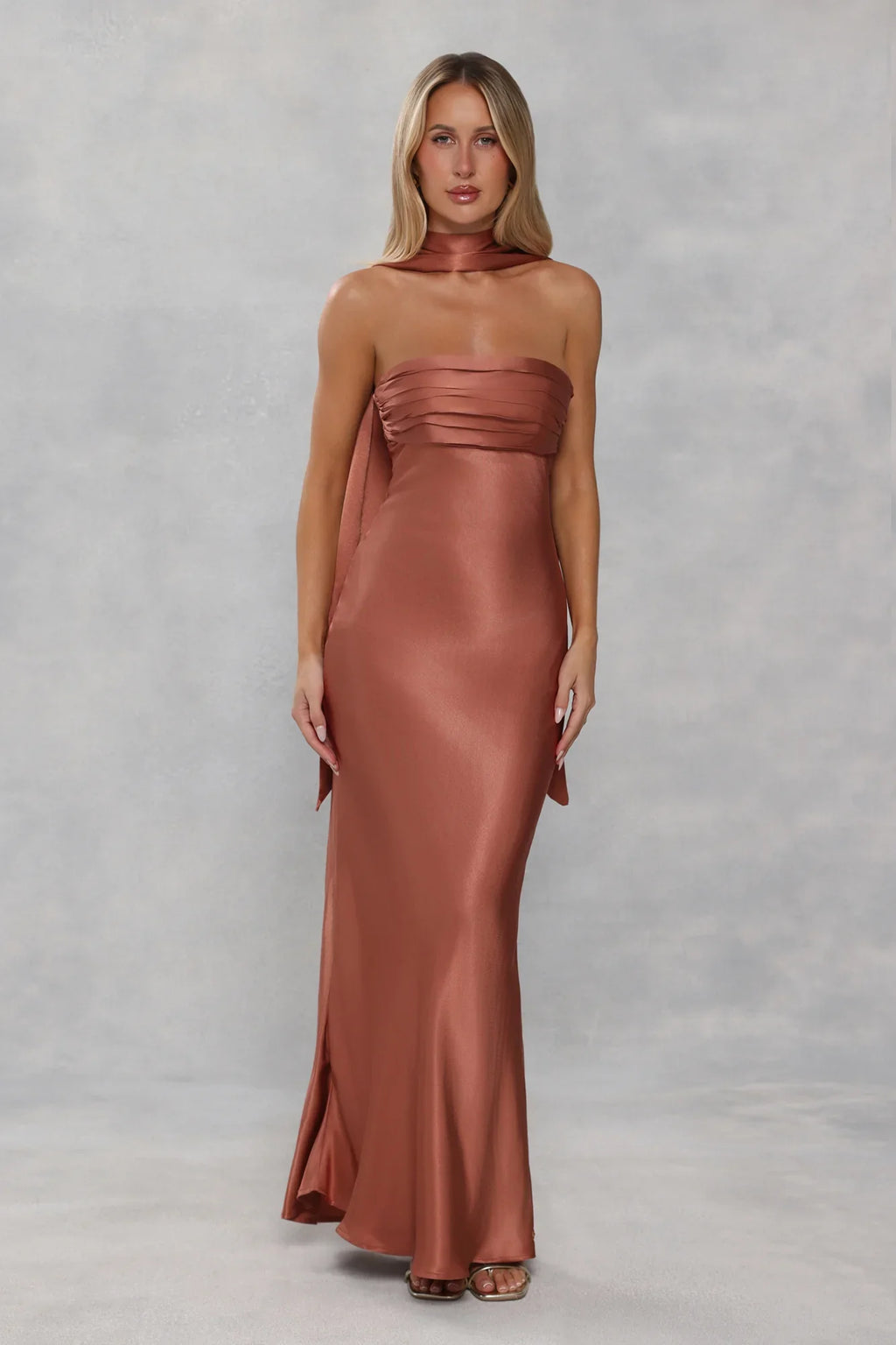 The Seraphina Strapless Satin Maxi Dress Bronze