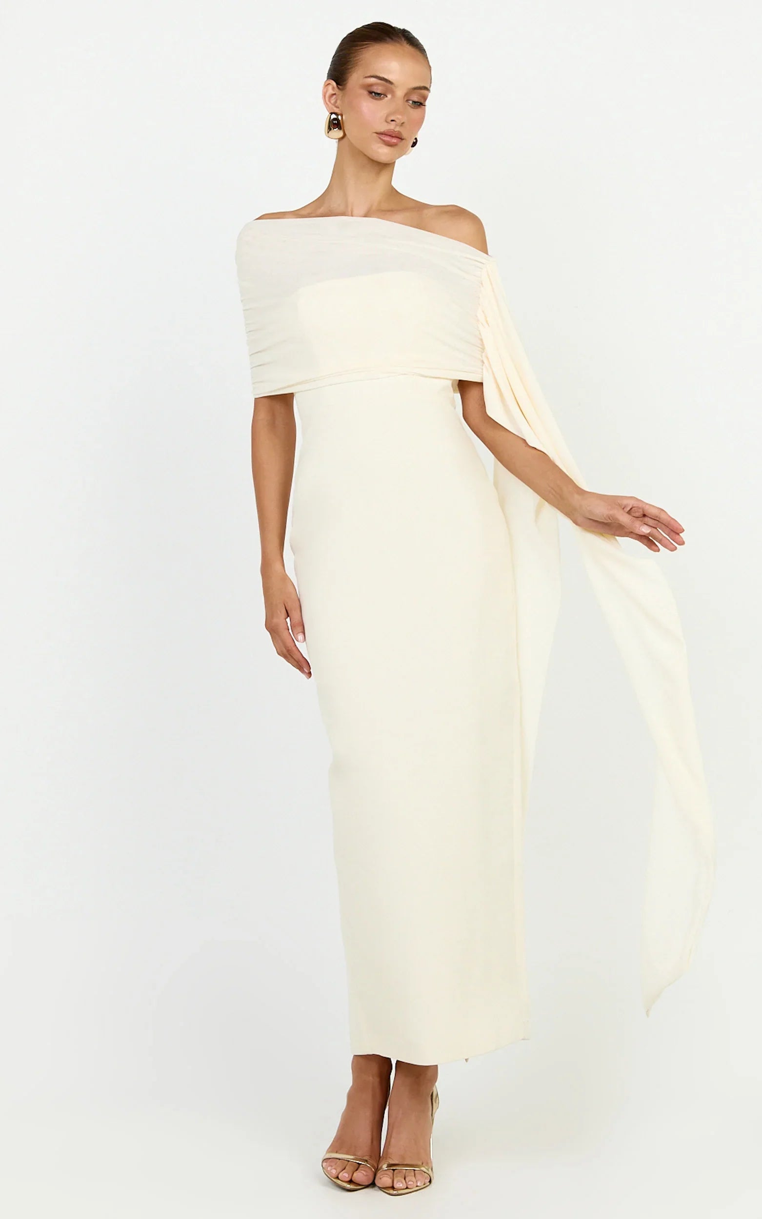 Elina Maxi Dress - Off Shoulder Contrast Mesh Draped Overlay Dress in Cream