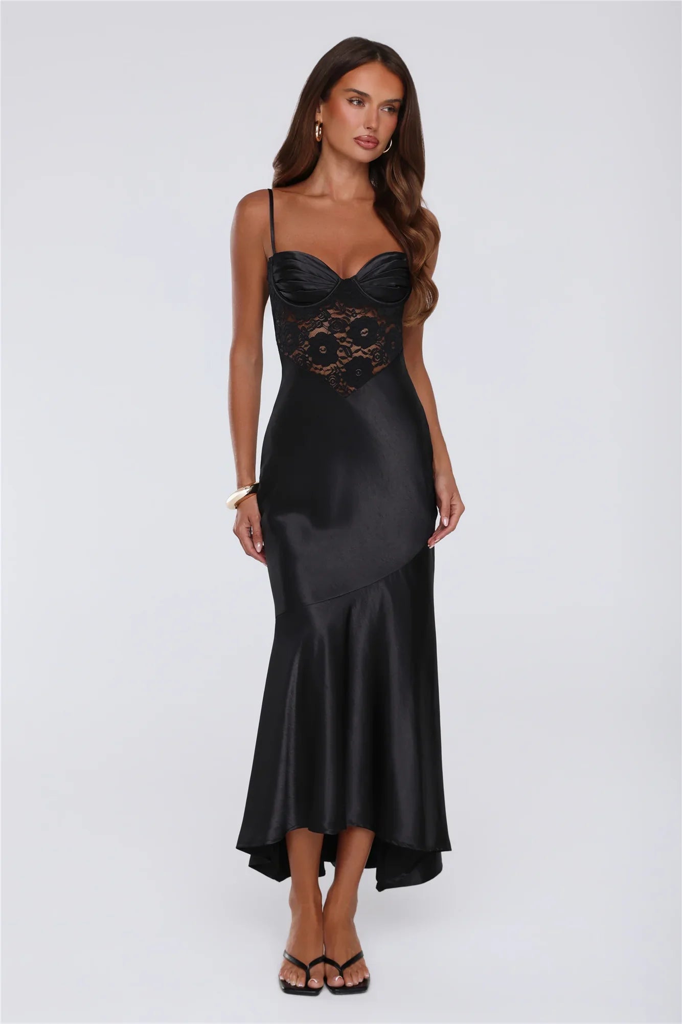 Sultry Horizon Satin Lace Maxi Dress Black