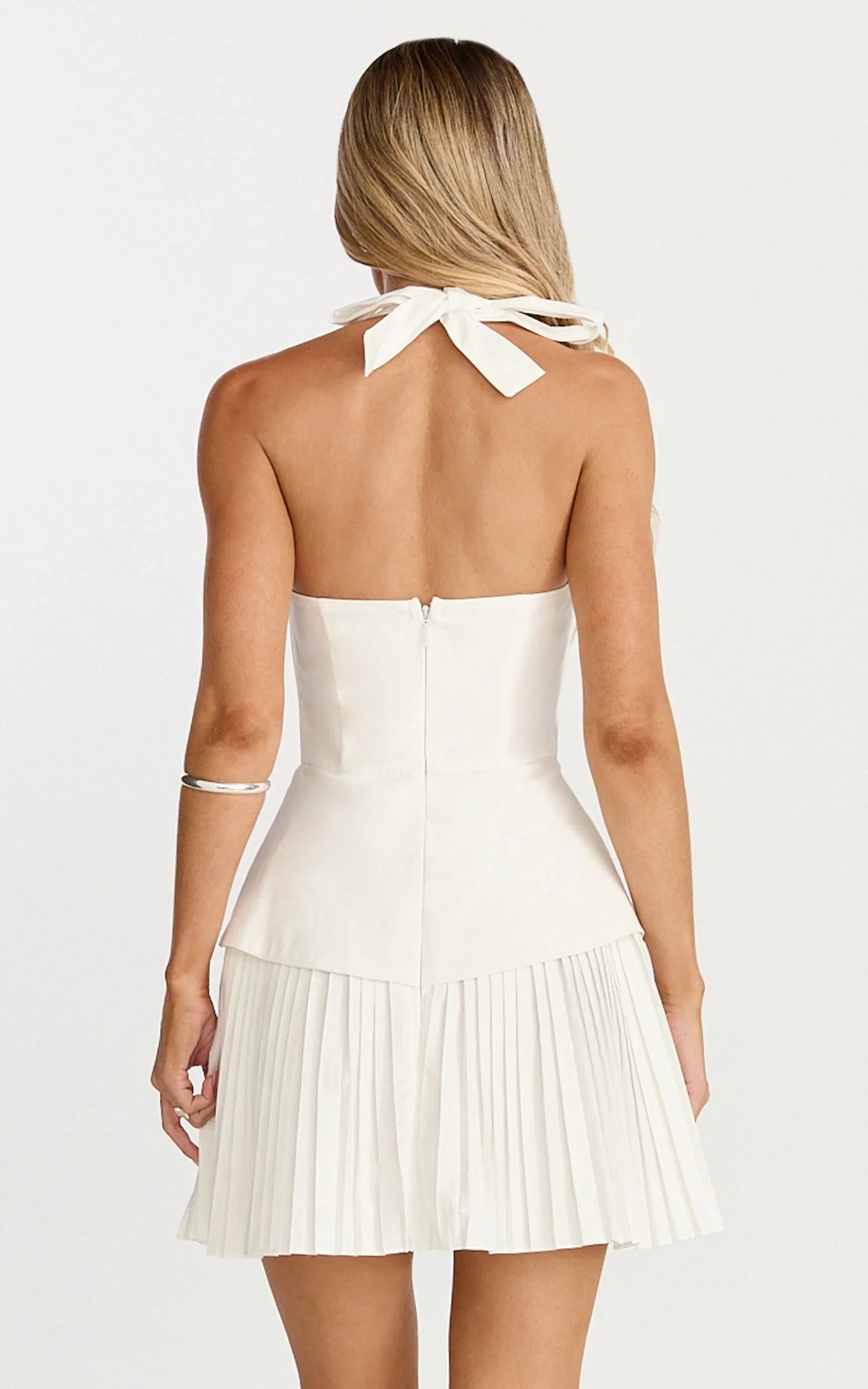 Calla Mini Dress - Halter Neck Peplum Pleated Skirt Dress in Off White