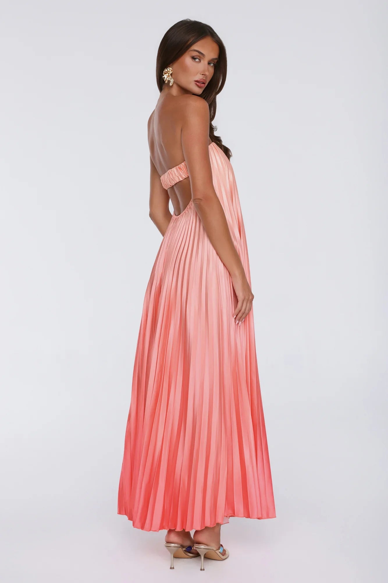 Warm Wishes Strapless Satin Pleated Maxi Dress Peach