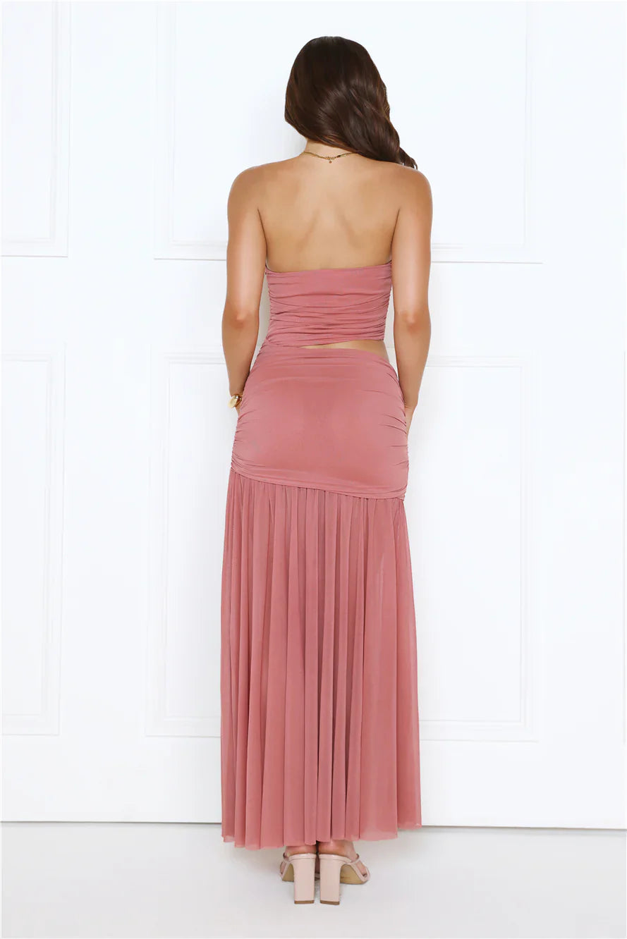 Champagne Glow Strapless Maxi Dress Rose