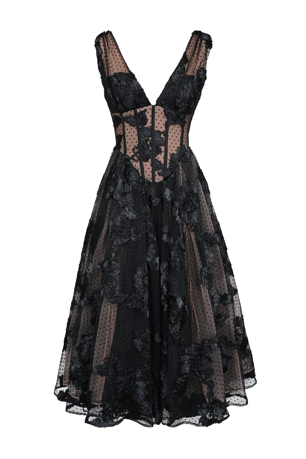 black embroidered tulle corset midi dress