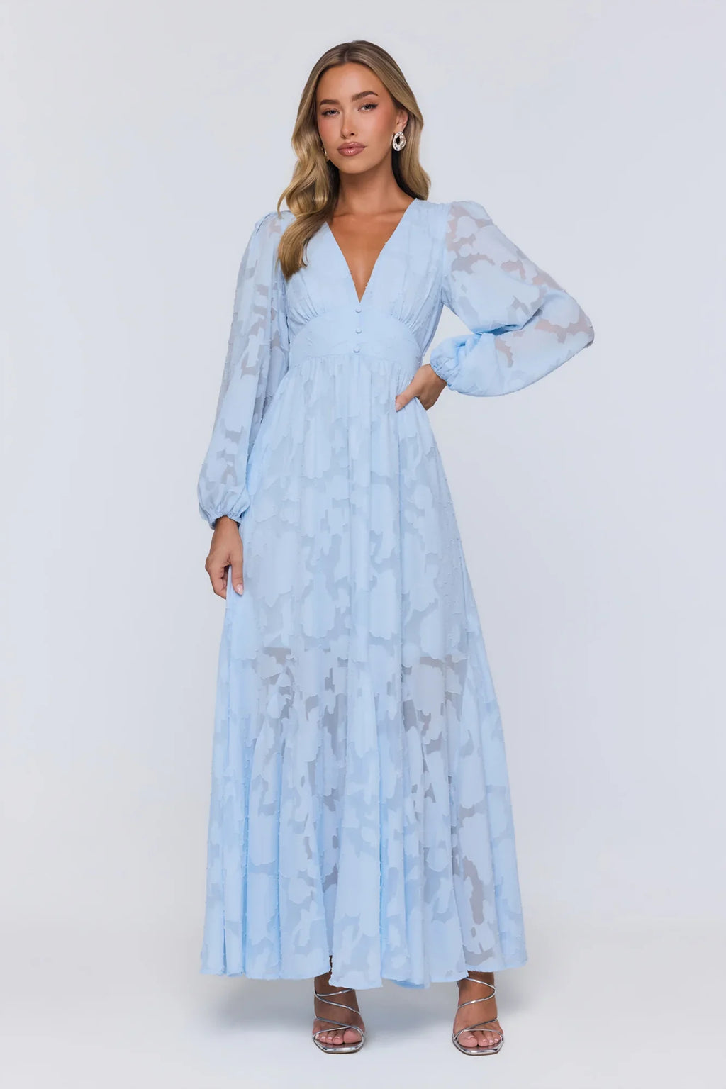 Glow Blossom Long Sleeve Maxi Dress Blue