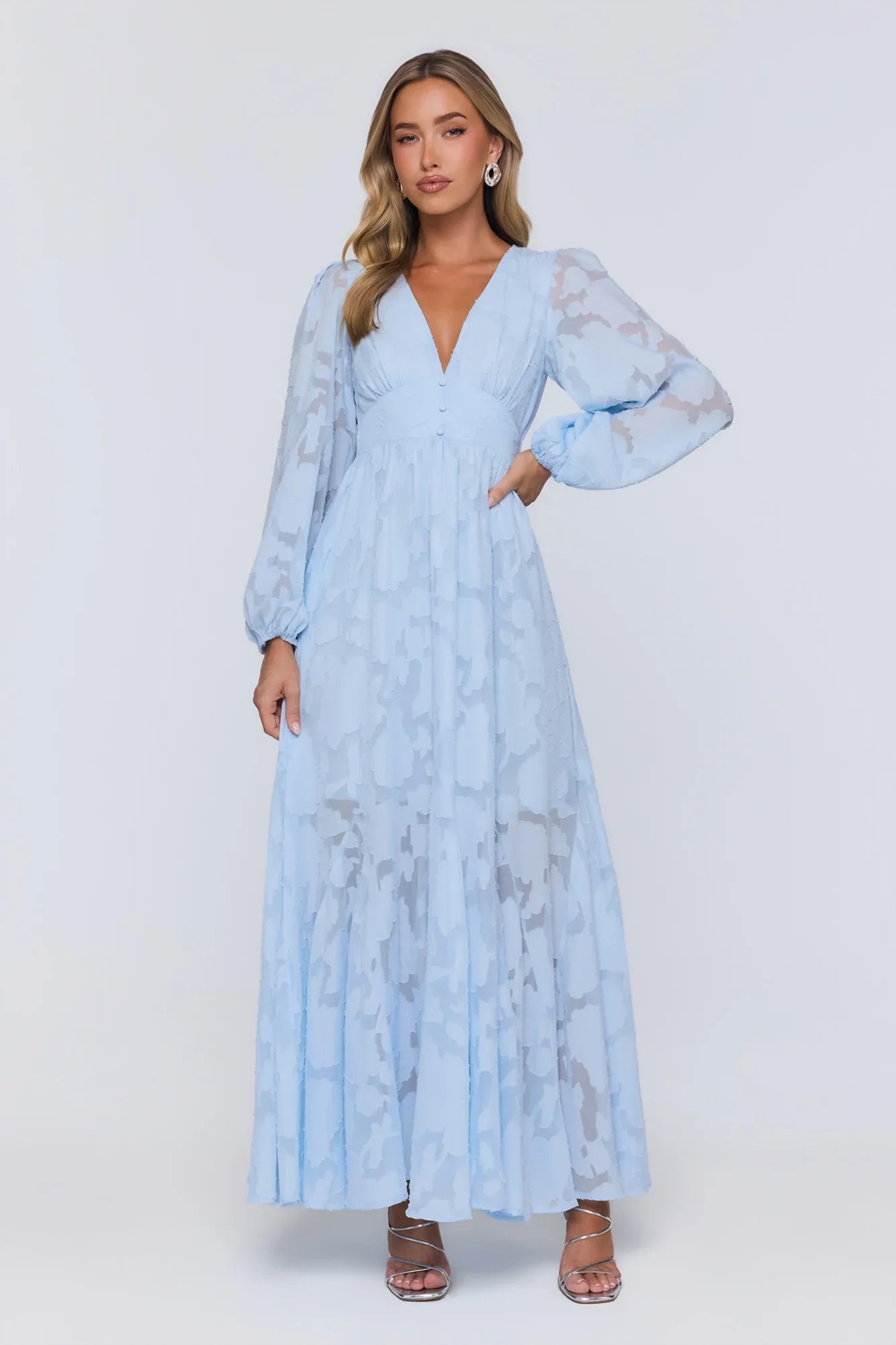 Glow Blossom Long Sleeve Maxi Dress Blue