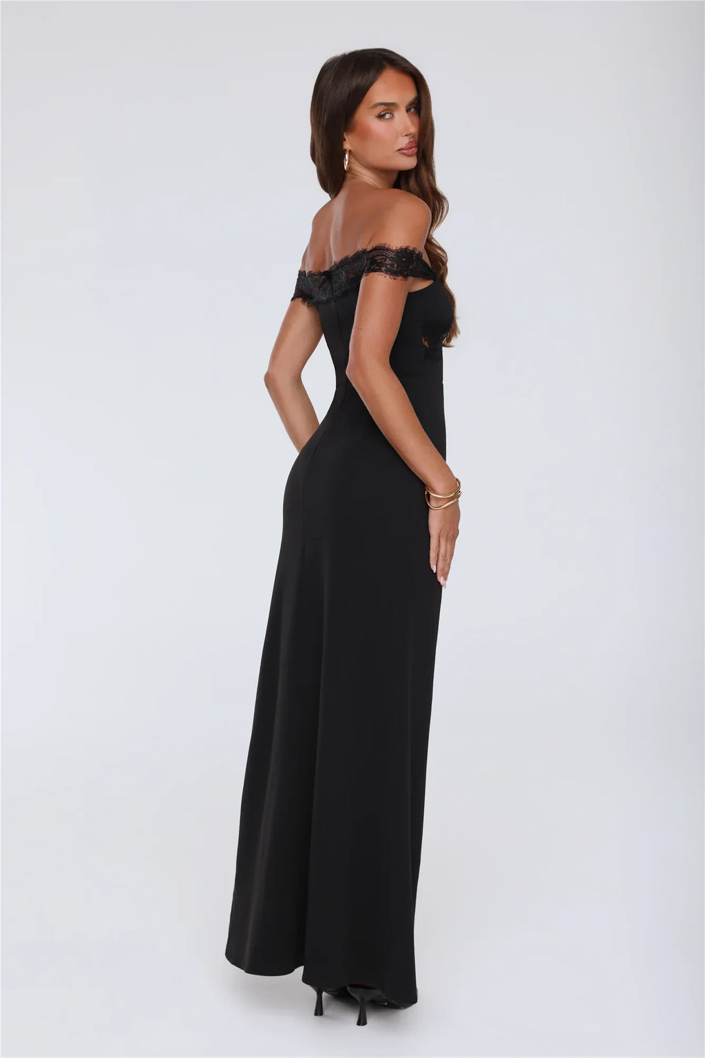 Ethereal Lace Off Shoulder Maxi Dress Black