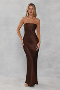 The Seraphina Strapless Satin Maxi Dress Chocolate Brown