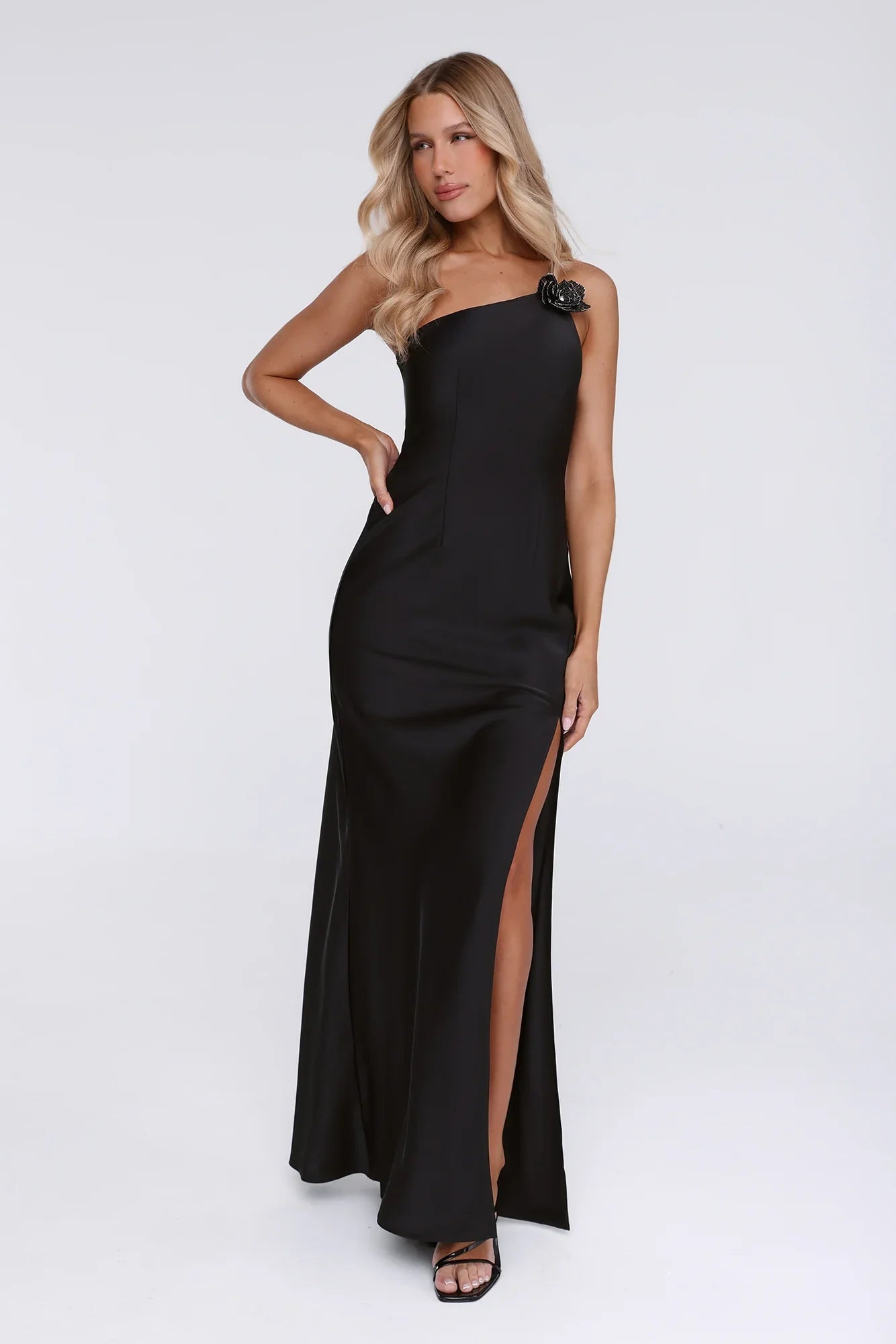 Honeytusk Satin One Shoulder Maxi Dress Black