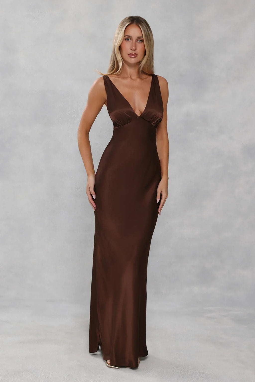 The Isabeau Satin Maxi Dress Chocolate Brown