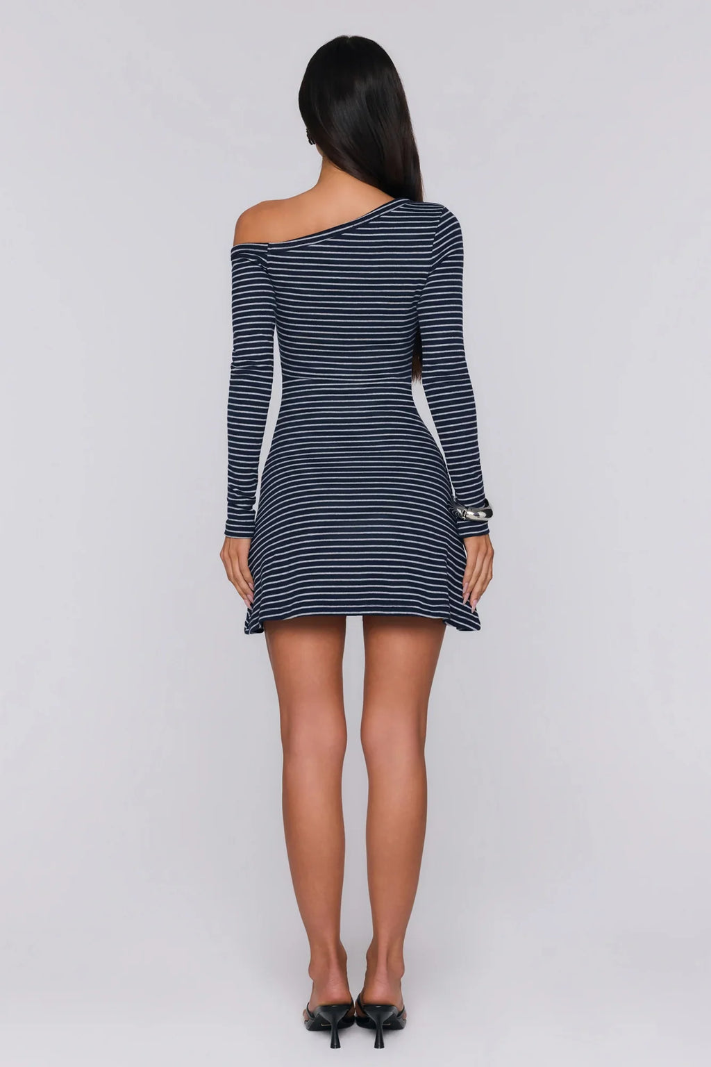 BASE Luxe Rib Off Shoulder Long Sleeve Mini Dress Navy Grey Stripe