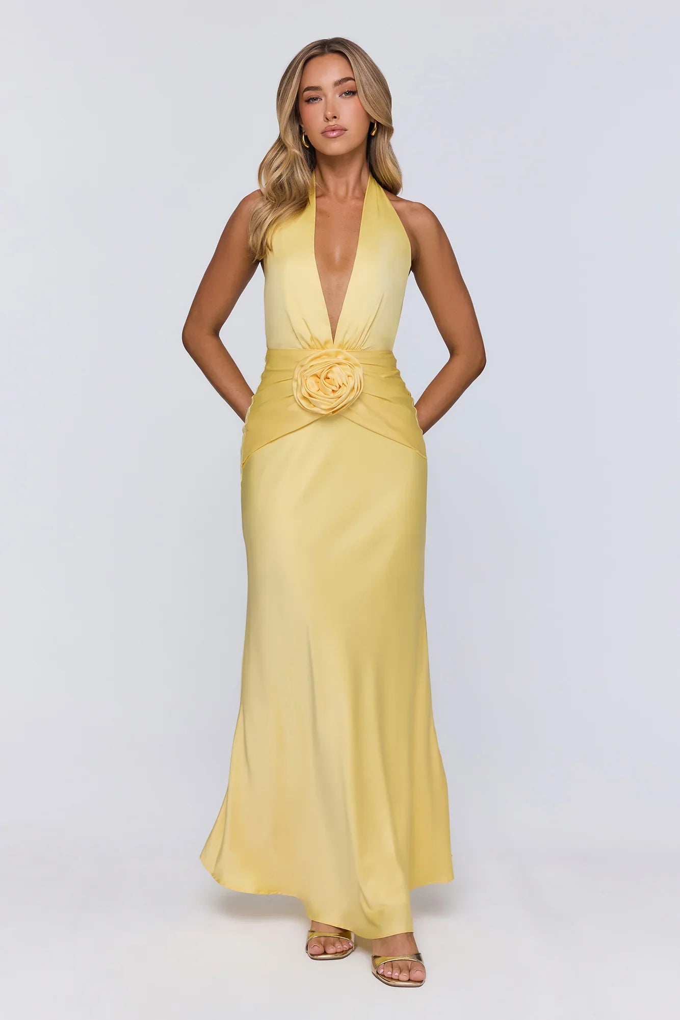 Vibe Star Halter Satin Maxi Dress Yellow