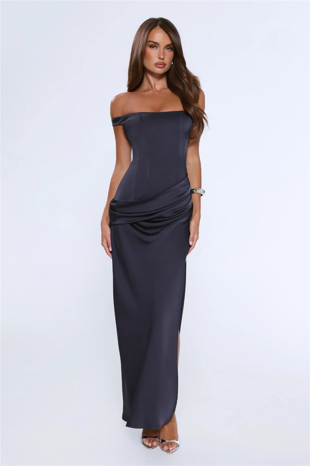 The After Party Off Shoulder Satin Maxi Dress Navy