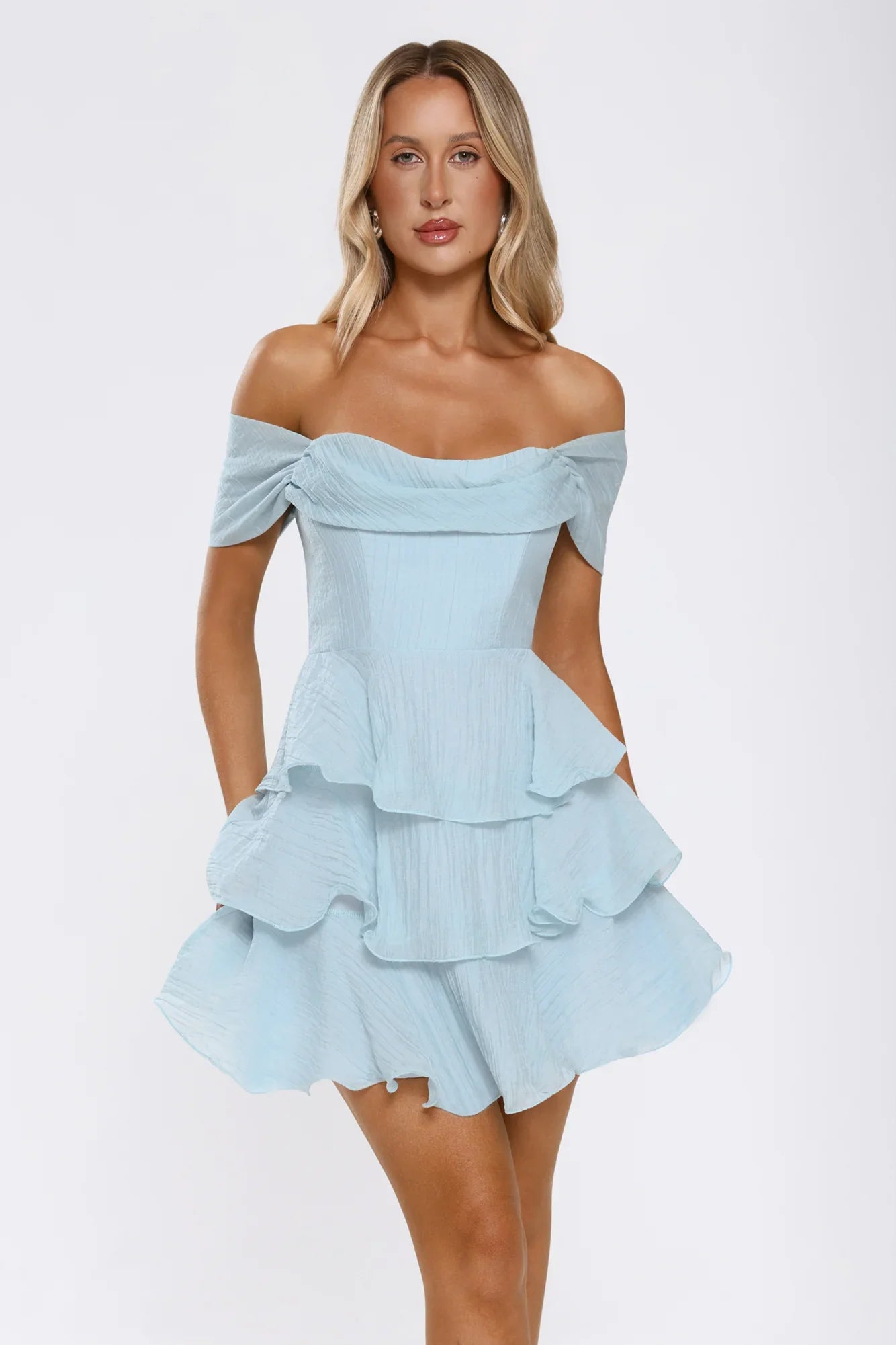 Pretty In The Sun Off Shoulder Mini Dress Blue