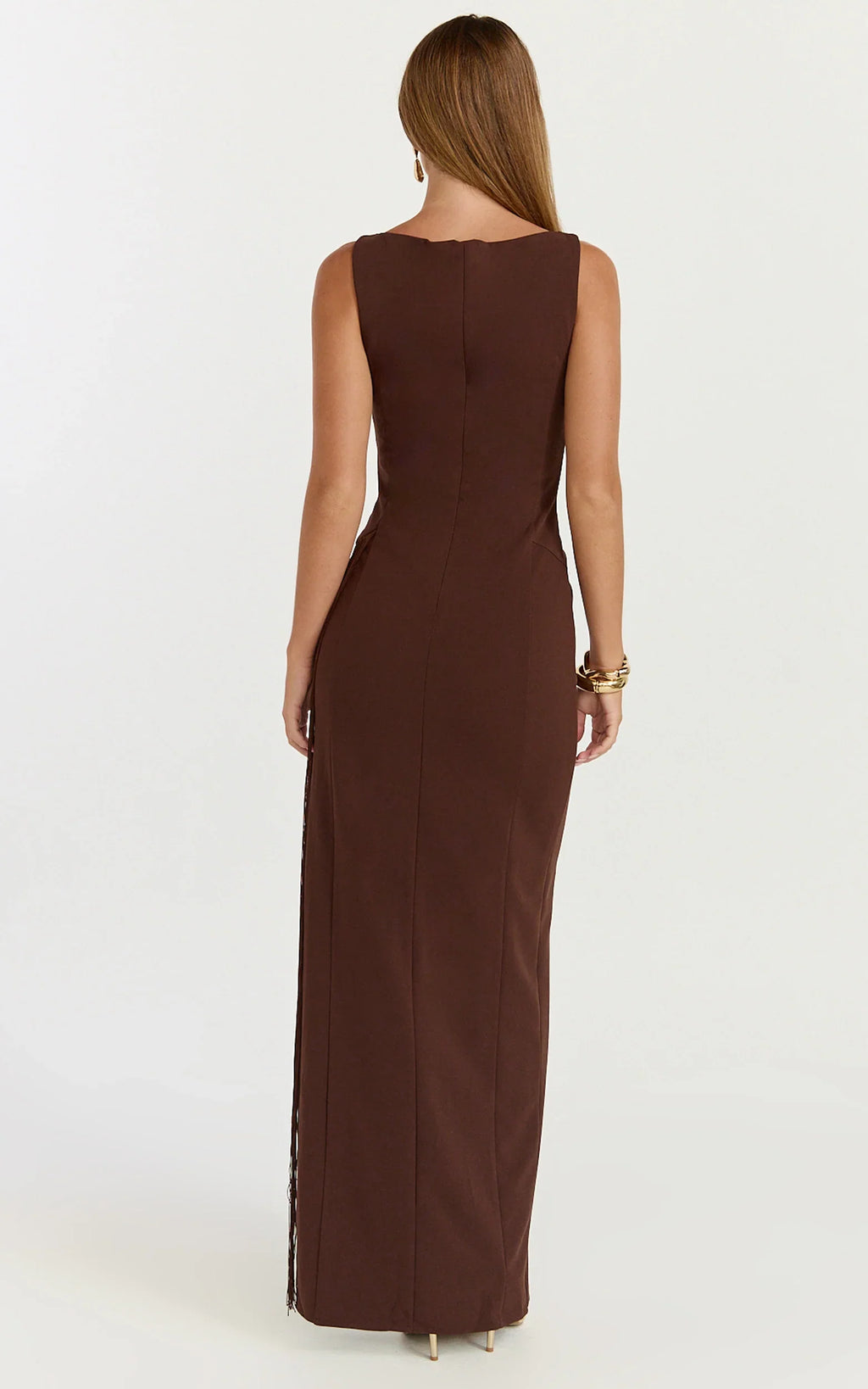 Joanne Maxi Dress - Scoop Neck Fringe Dress in Chocolate