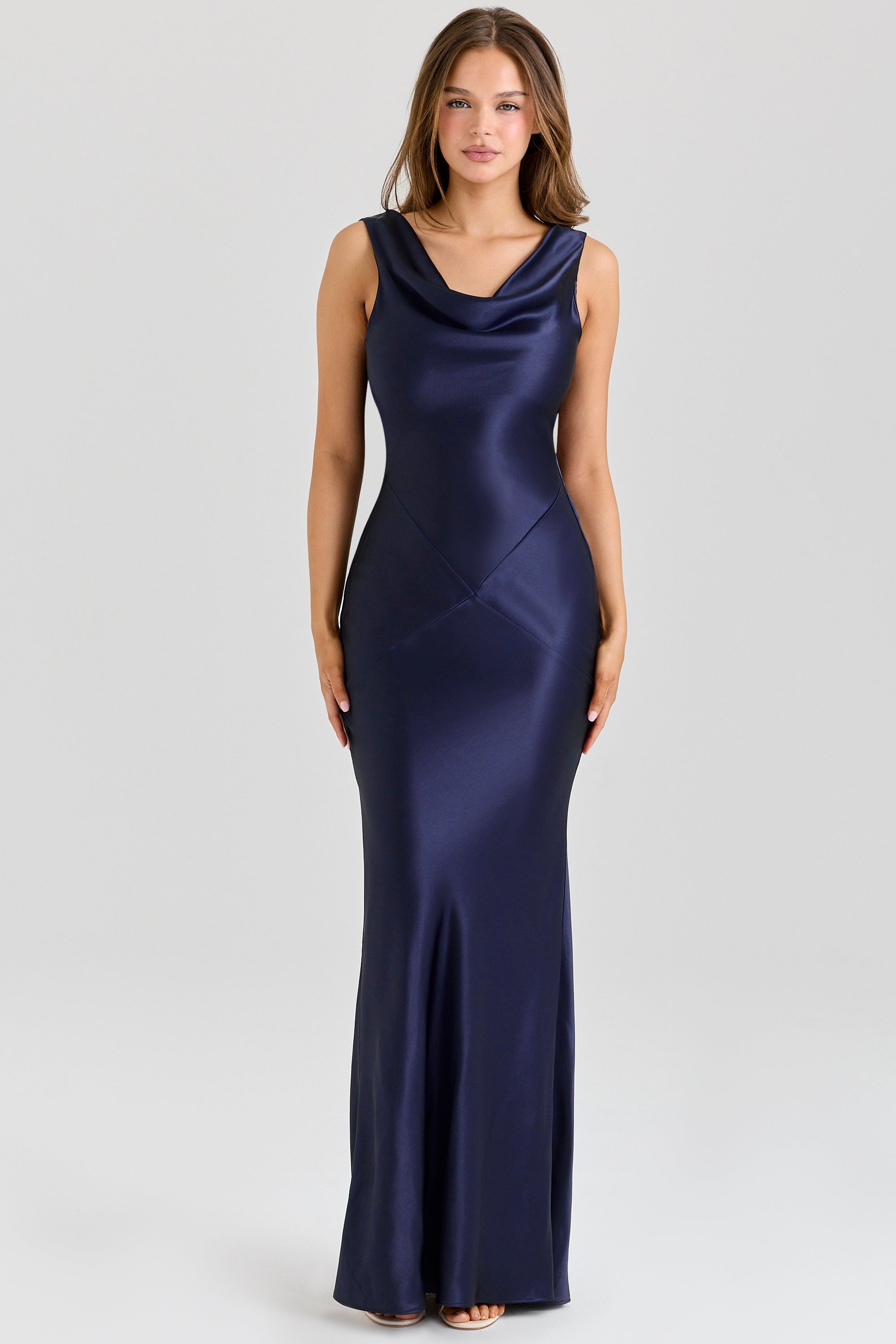navy satin draped cowl neck maxi dress