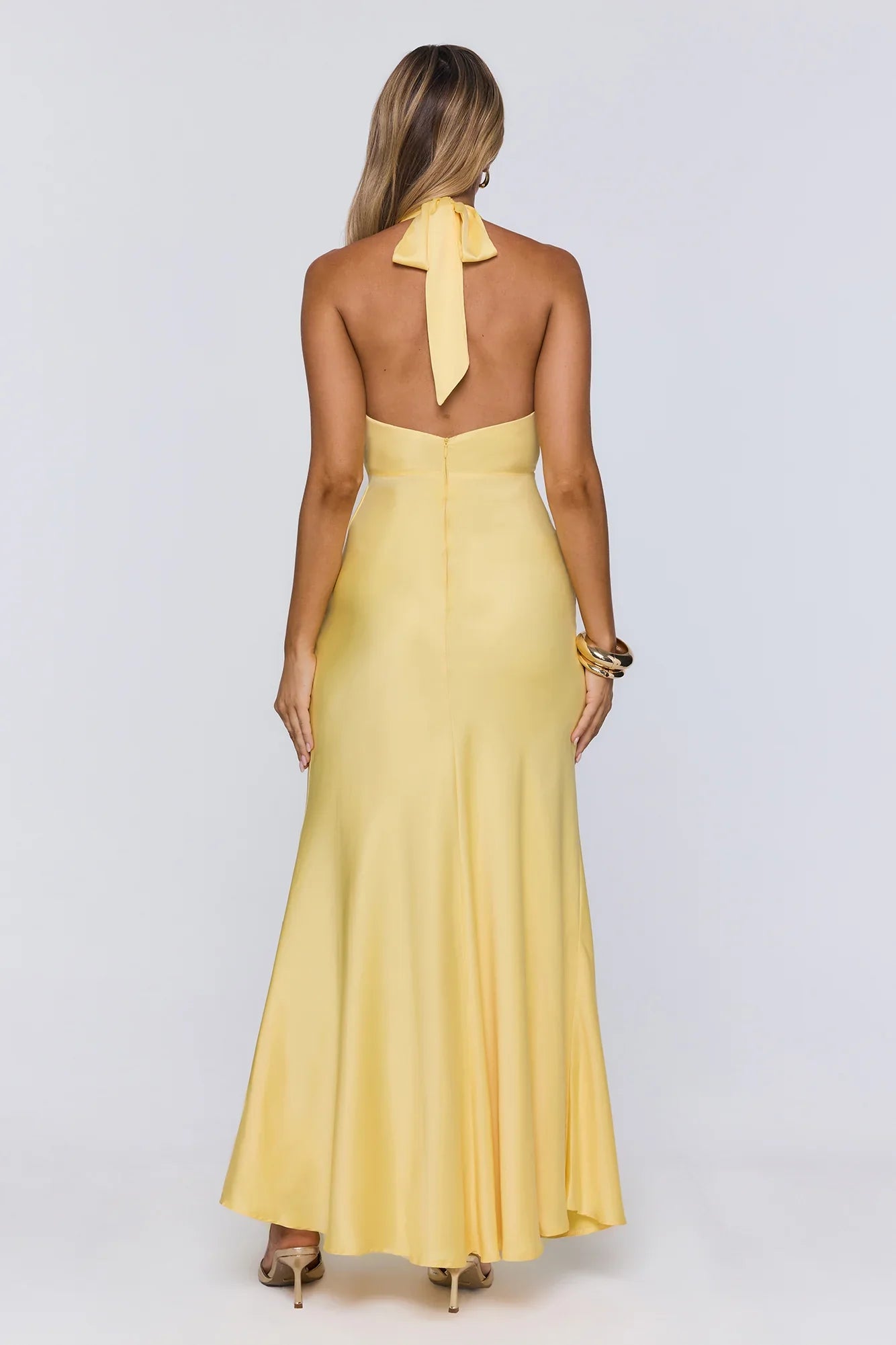 Vibe Star Halter Satin Maxi Dress Yellow