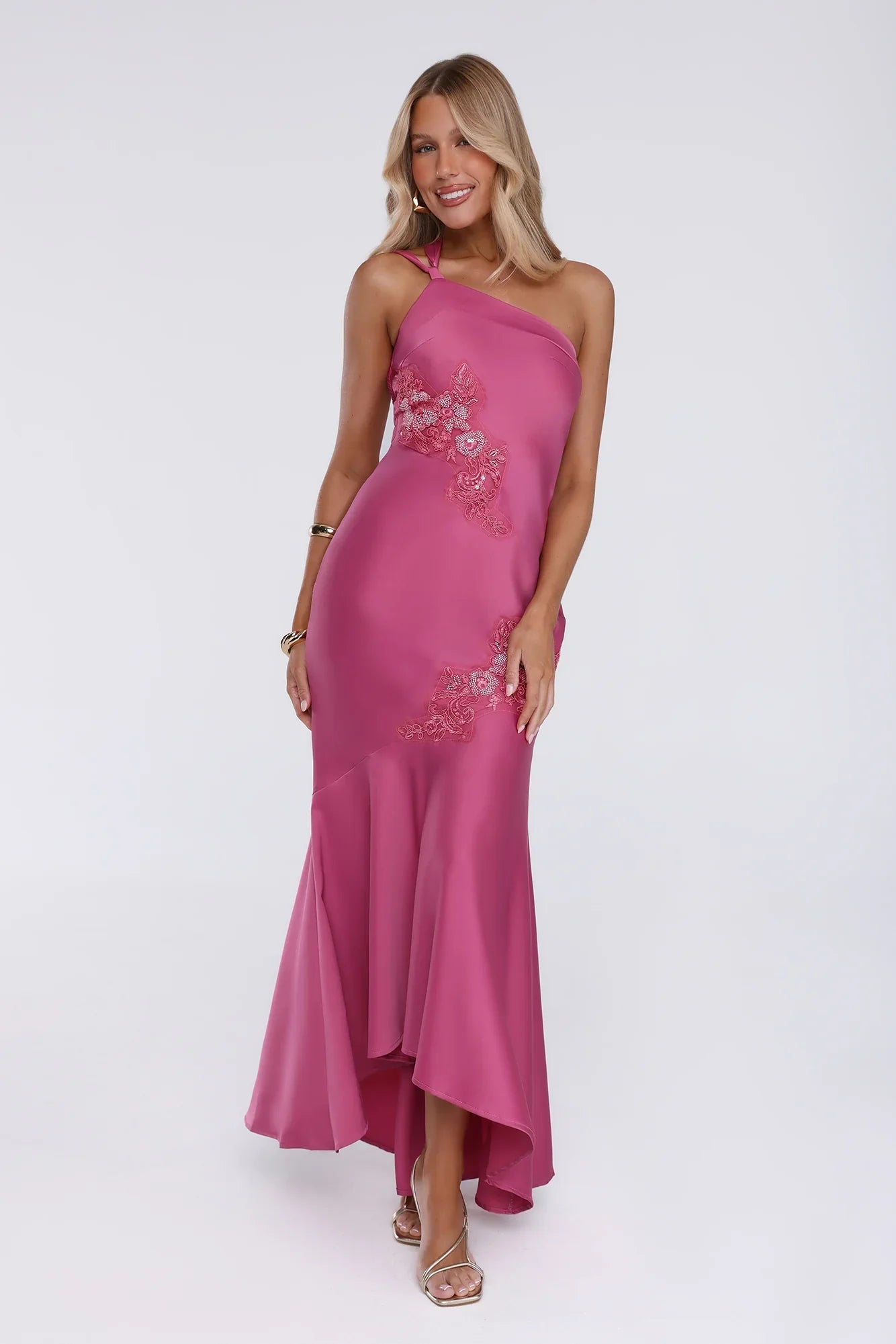 Jelly Glow One Shoulder Satin Maxi Dress Rose