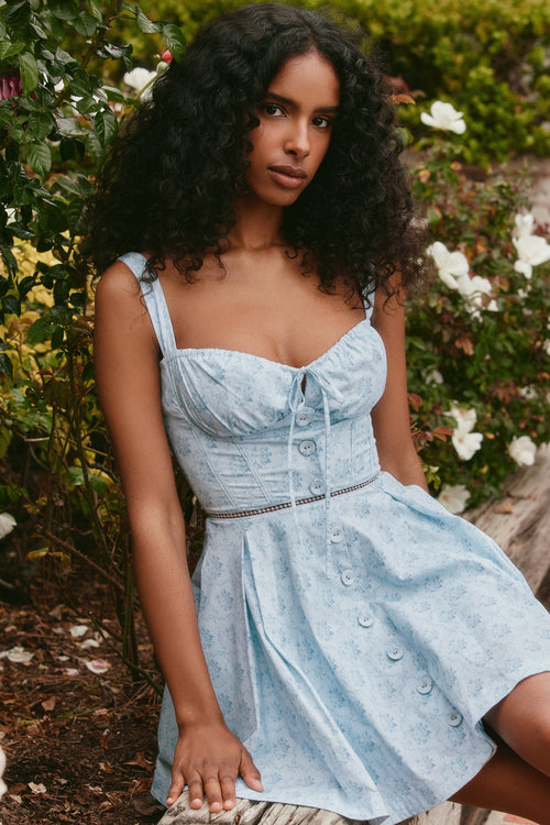 blue floral print stretch cotton mini dress