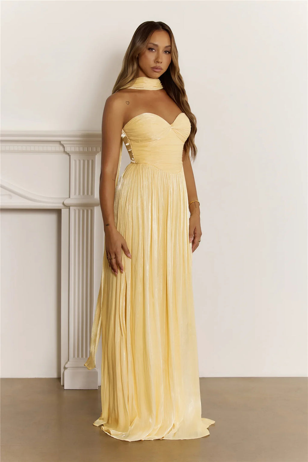 Shimmering Goddess Strapless Maxi Dress Yellow