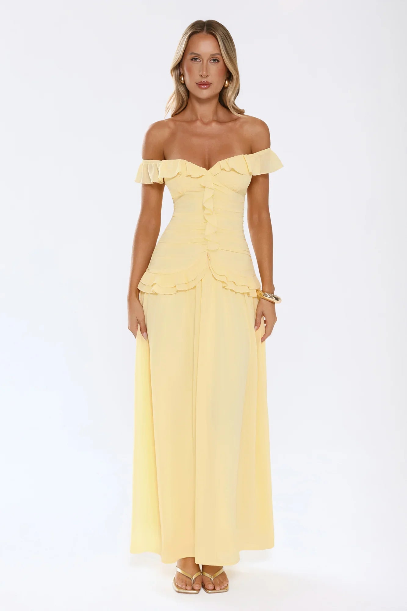 Radiant Poise Off Shoulder Maxi Dress Yellow