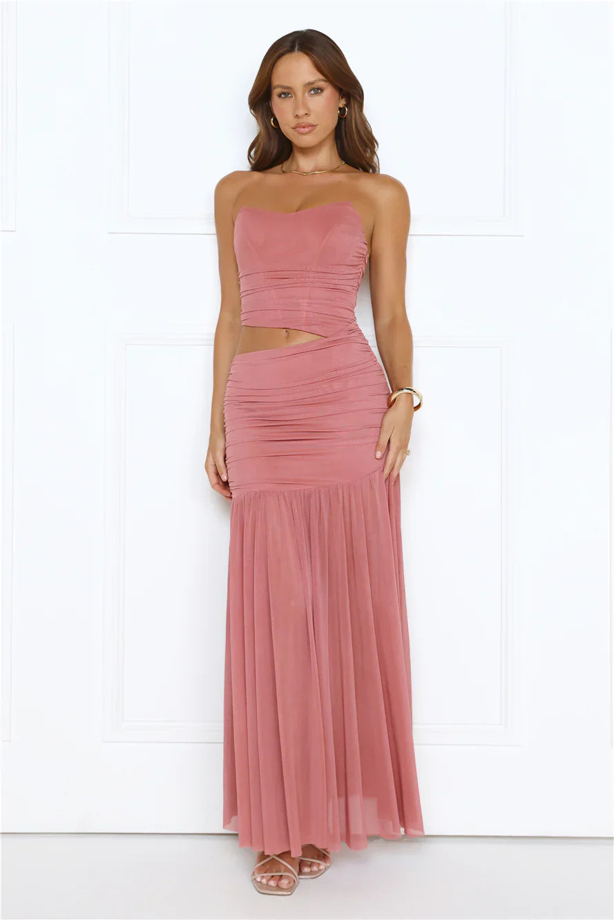 Champagne Glow Strapless Maxi Dress Rose