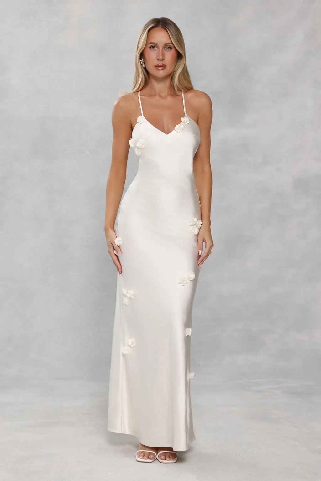 Honeyed Petals Satin Maxi Dress Cream