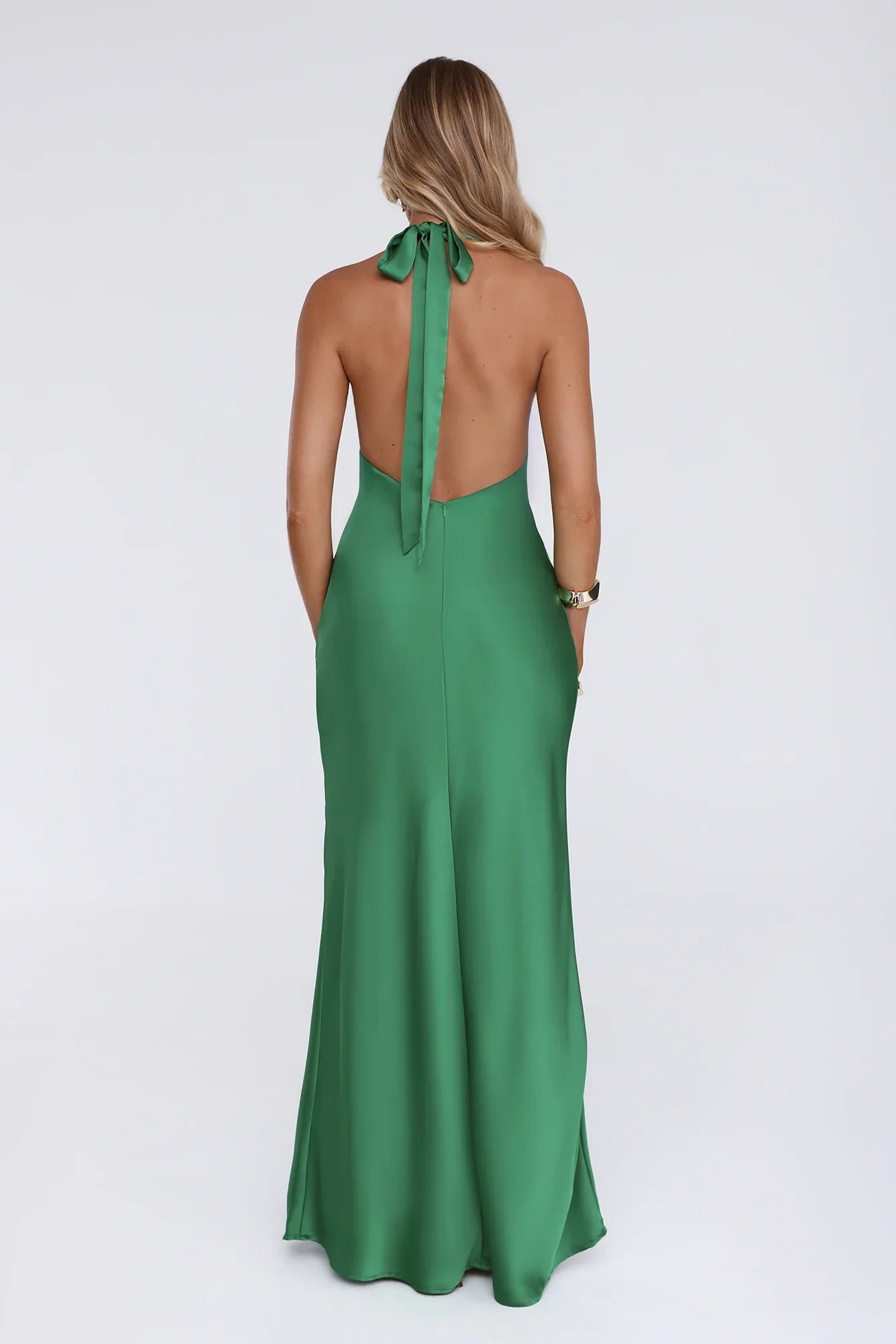 Cherry Whirl Satin Halter Maxi Dress Emerald