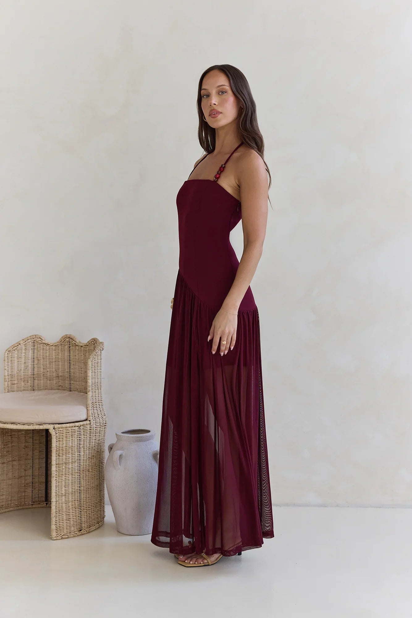Feel The Light Halter Mesh Maxi Dress Burgundy