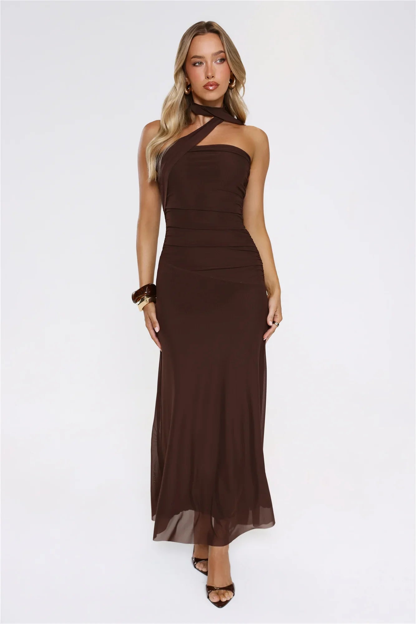 Evening Allure Mesh Strapless Maxi Dress Brown