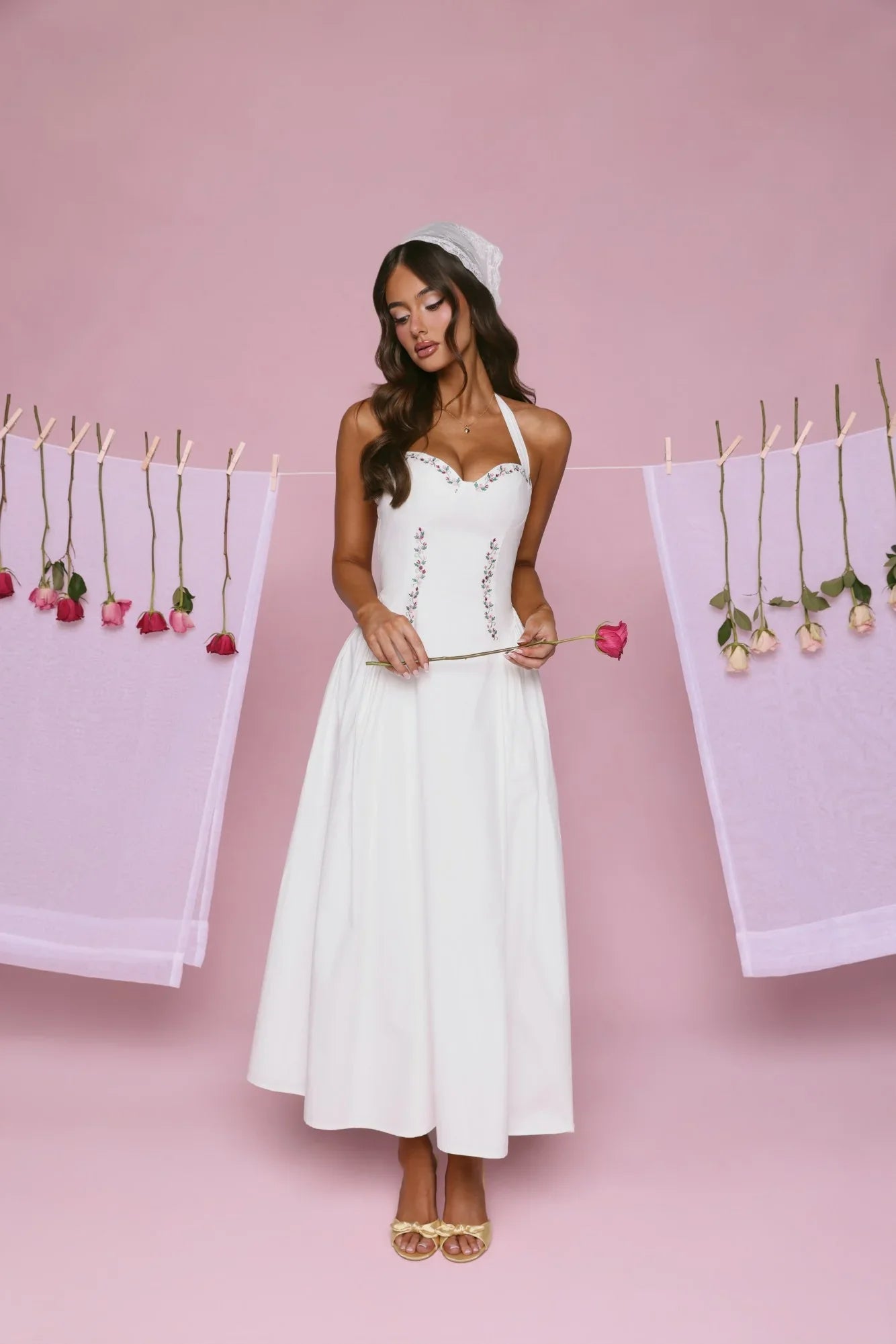 Vintage Fleur Halter Maxi Dress White