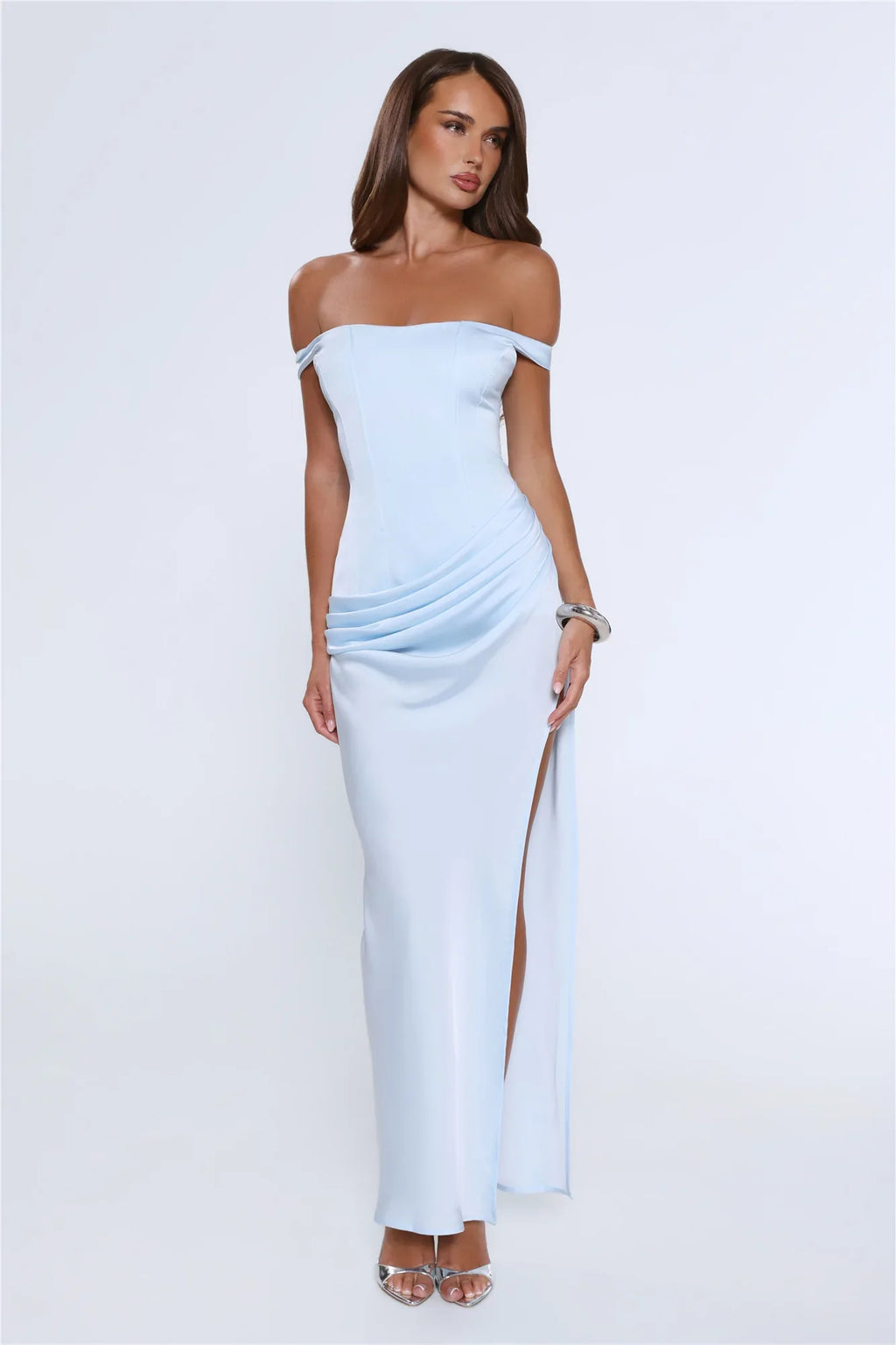 The After Party Off Shoulder Satin Maxi Dress Blue