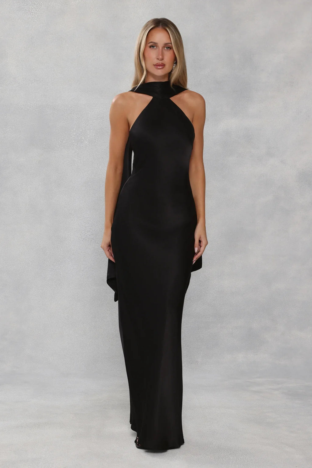 The Vivia Halter Satin Maxi Dress Black