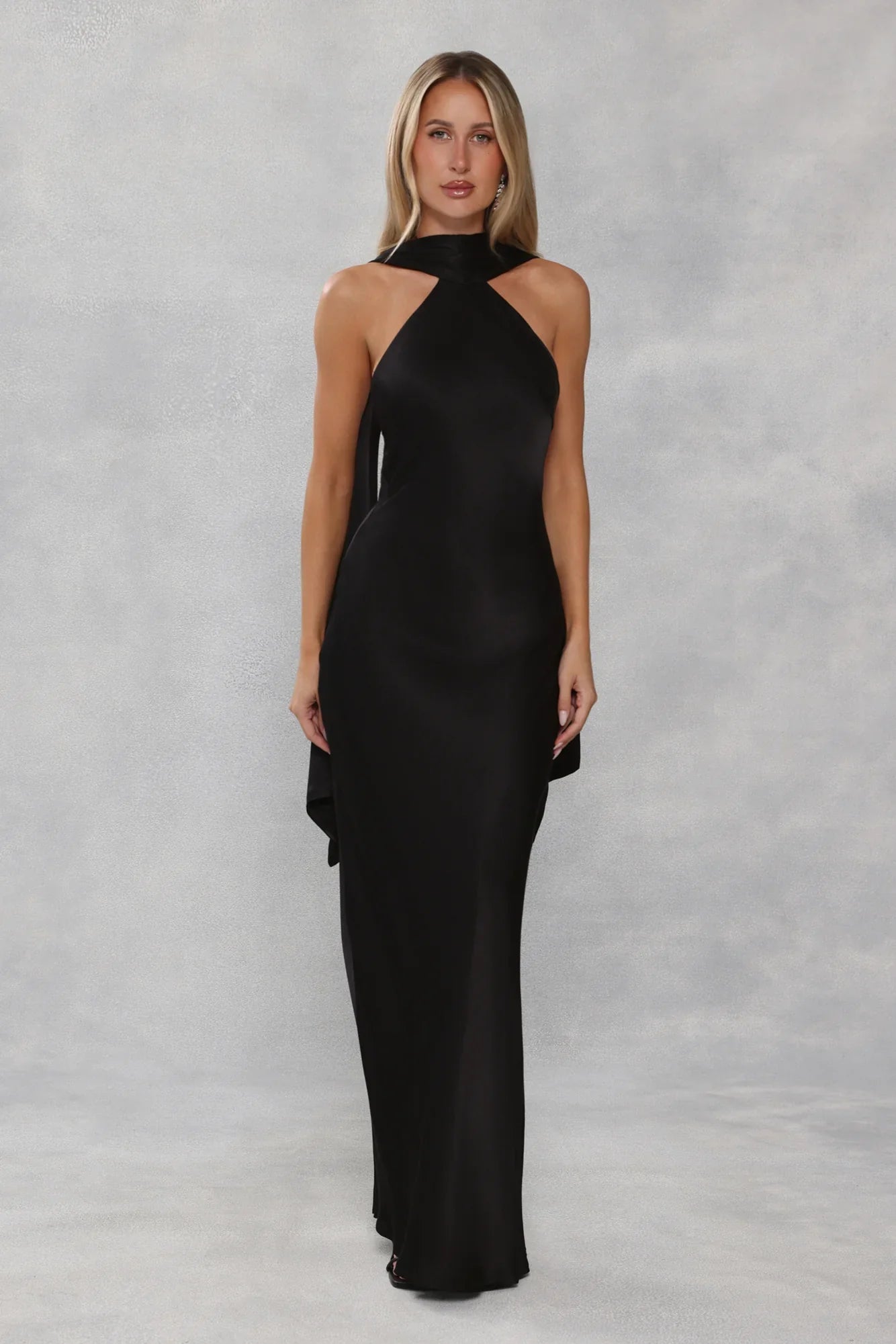 The Vivia Halter Satin Maxi Dress Black