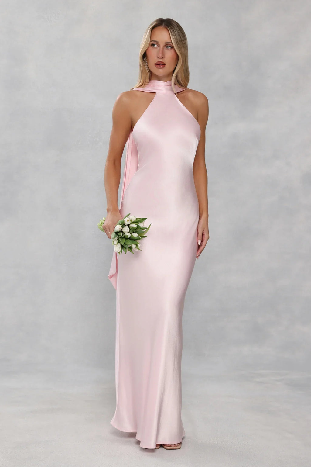The Vivia Halter Satin Maxi Dress Light Pink