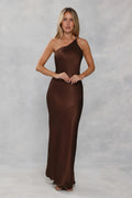 The Evangeline One Shoulder Satin Maxi Dress Chocolate Brown