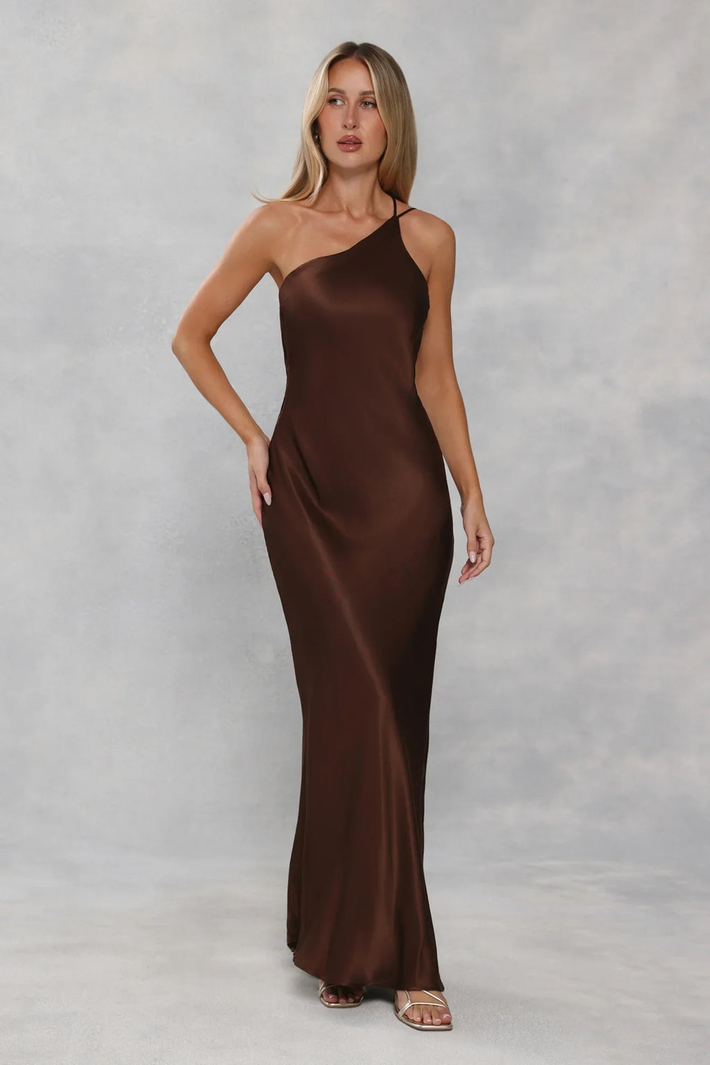The Evangeline One Shoulder Satin Maxi Dress Chocolate Brown