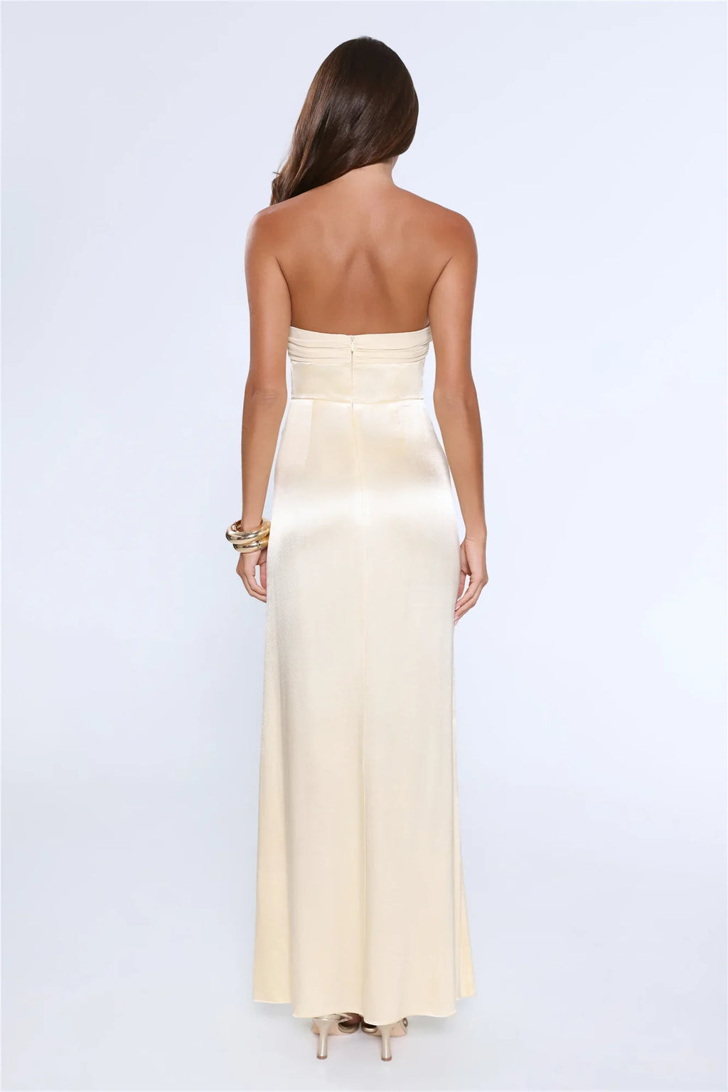 Statement Shine Strapless Satin Maxi Dress Yellow