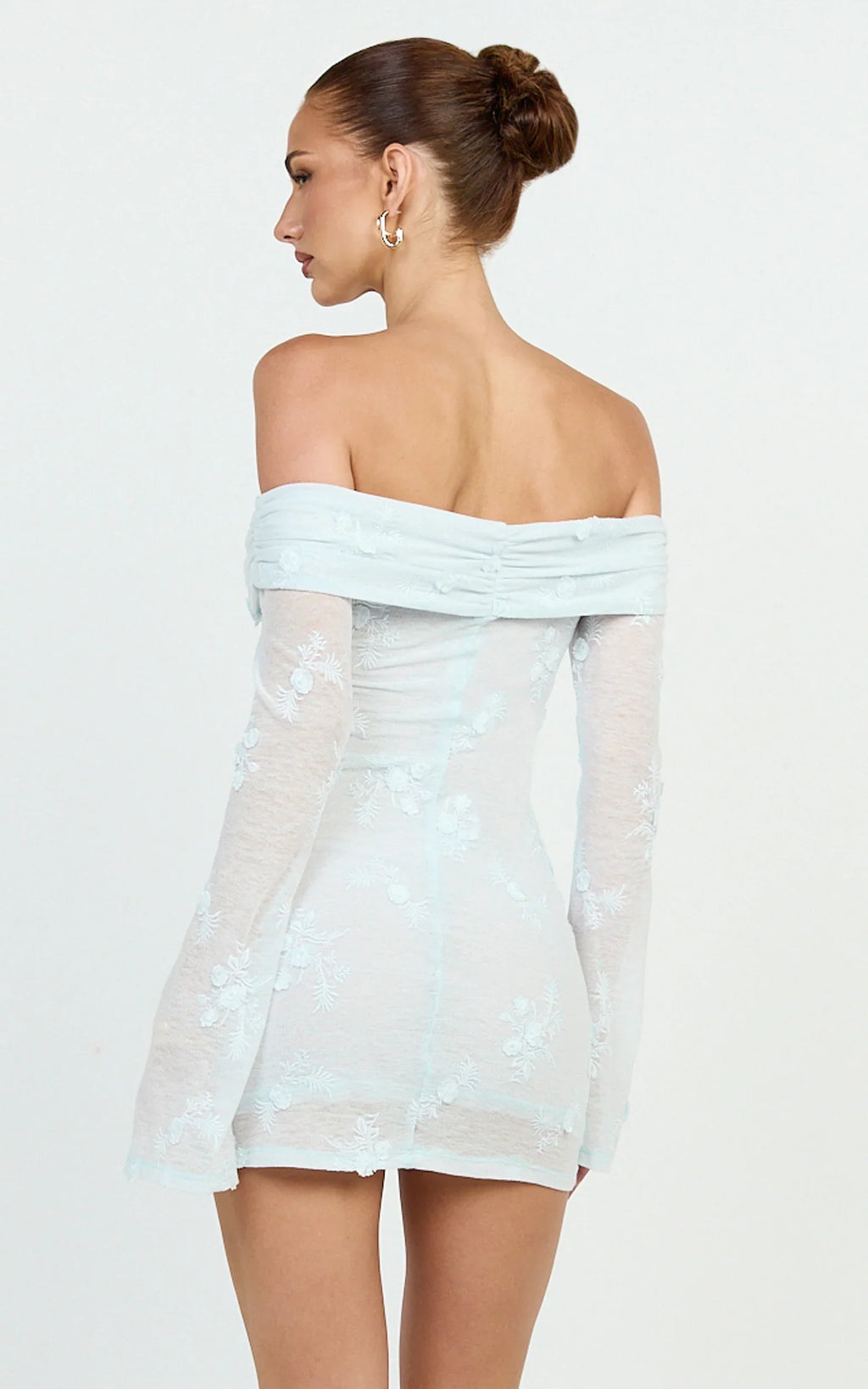 Raymond Mini Dress - Off Shoulder Long Sleeve Fitted Dress in Blue