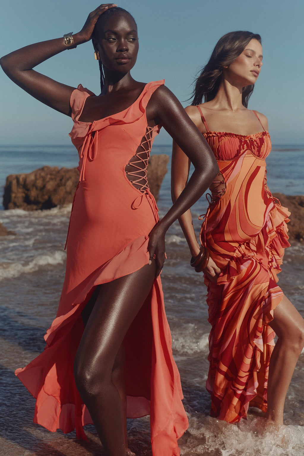 sunset swirl print ruffle cut out maxi dress
