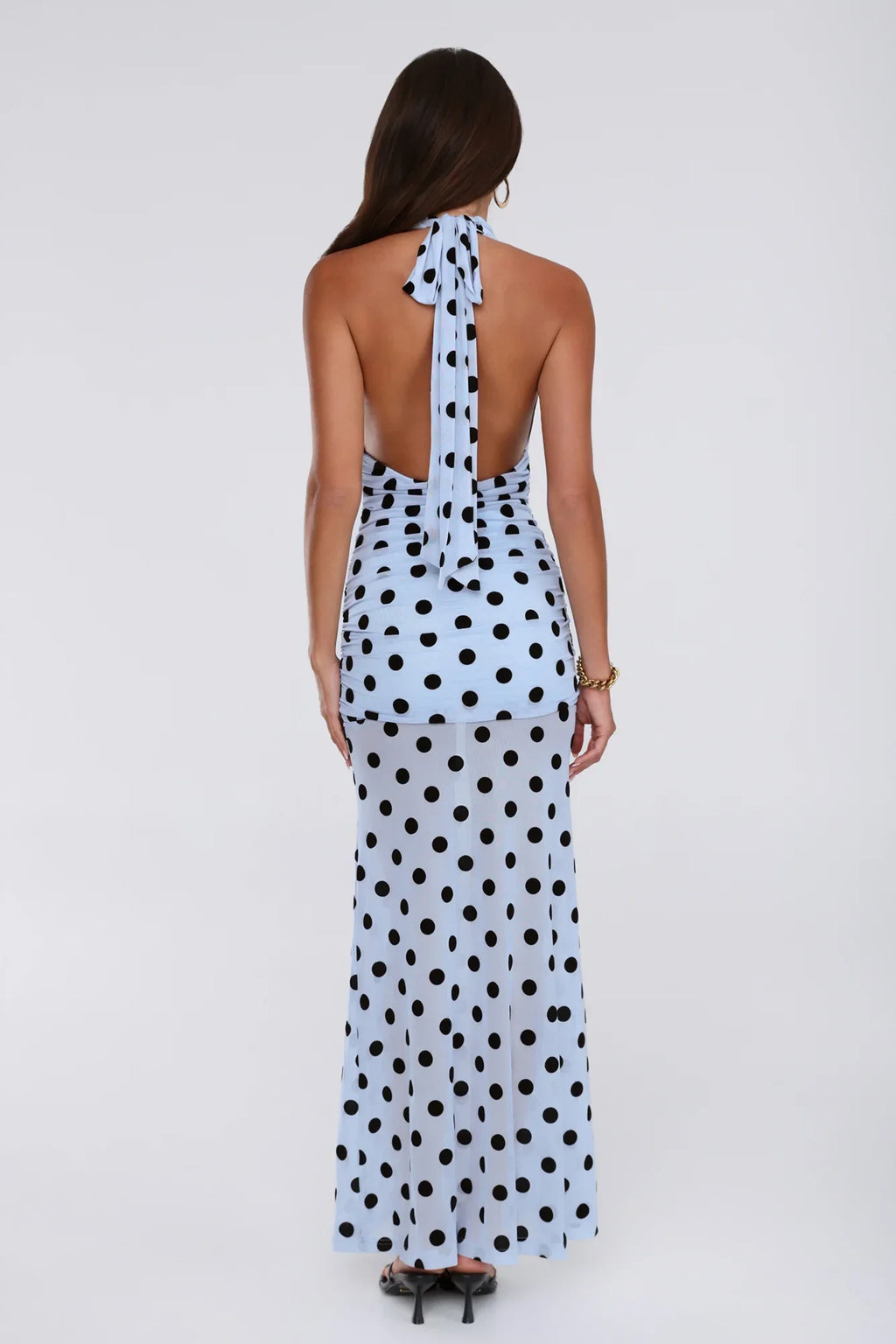Dancefloor Diaries Halter Polka Dot Maxi Dress Blue